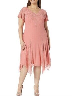 J Kara Plus Size 18: NEW Coral Handkerchief Hem Beaded V-Neck Dress